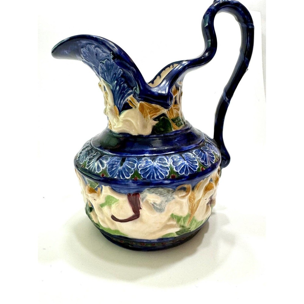 Cherub Mermaid Merman Majolica Style Ceramic Vintage Pitcher Signed See Photos